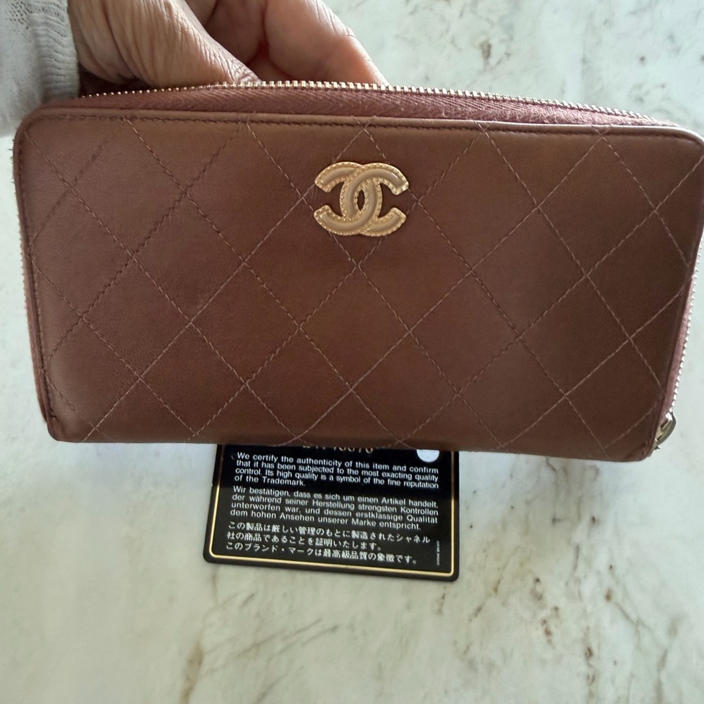 CHANEL Quilted Zip-Around Wallet Brown with Gold CC